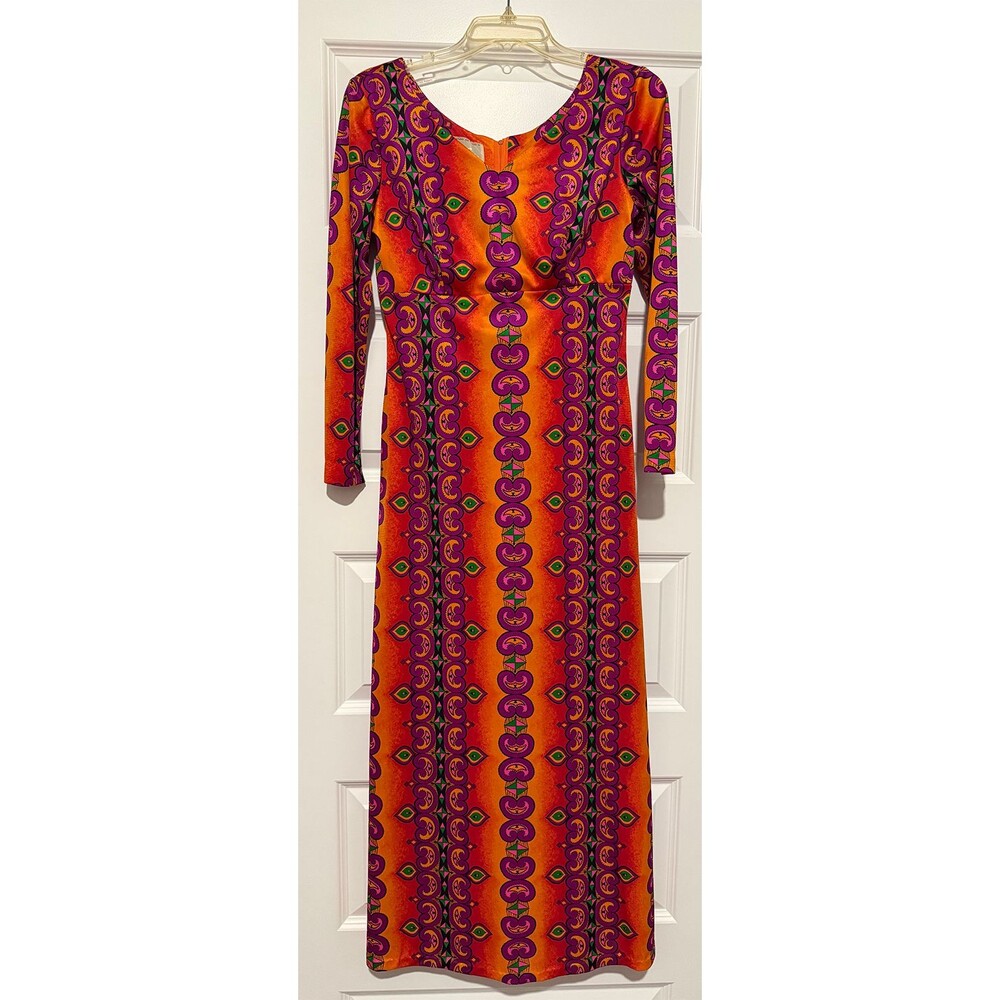 Vintage 70s Swiss Fashions Maxi Dress Psychedelic Orange Purple Hippie Mod NZ